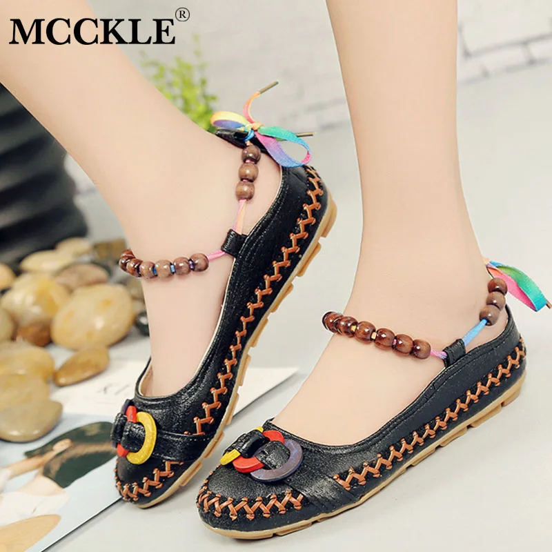 

MCCKLE Autumn Plus Size Flat Shoes Beaded Strap Women Colourful Back Lace up Fashion Ladies Floral Cotton Fabric Footwear