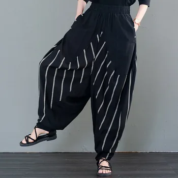

[EWQ] 2020 New Summer And New Spring Vintage Big Size Women Striped Loose Full Length Pants Female Trousers Pocket WJ28902