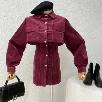 

2020 Spring Summer New Dress Women Retro Long Sleeve Pocket Single Breasted Corduroy Dress Women's Casual Loose Dresses Vestidos