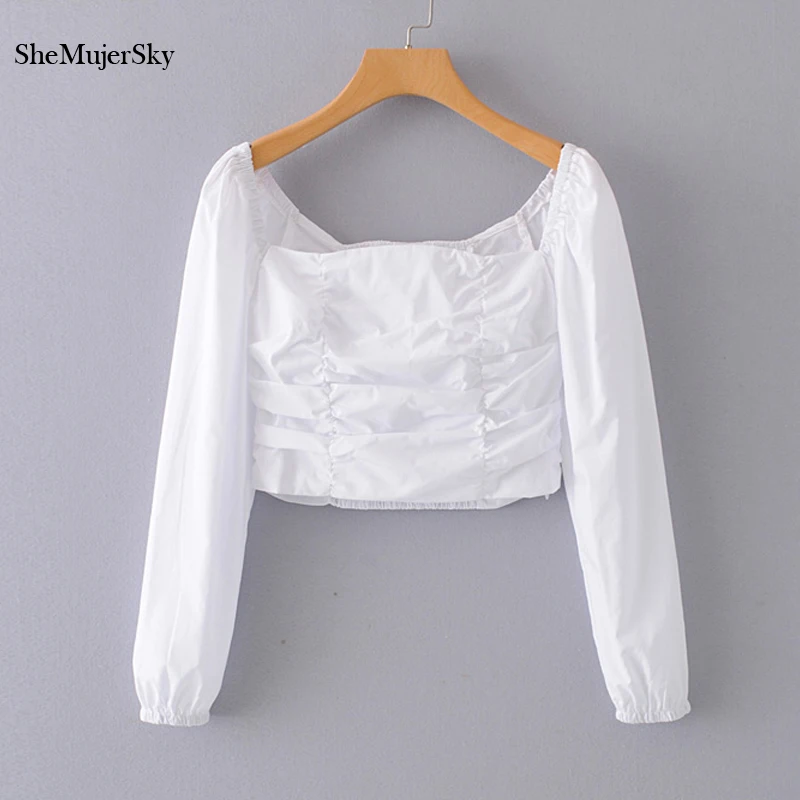 

SheMujerSky Women White Long Sleeve Autumn Blouse Ruched Short Tops 2019 Elastic Shirt camisa blanca mujer