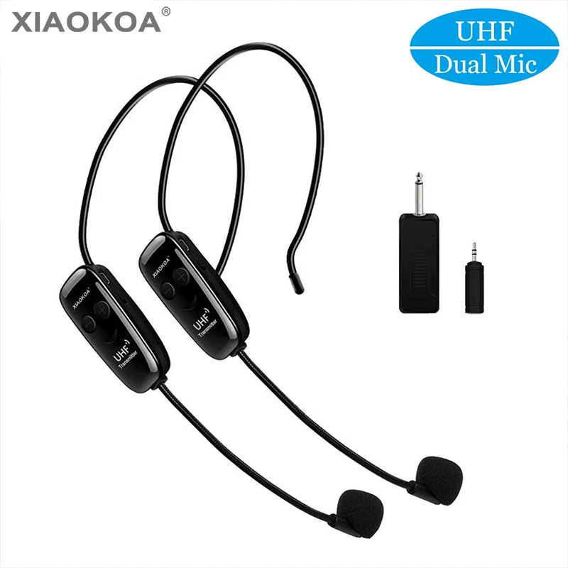 

XIAOKOA Dual UHF Headset Wireless Microphone 1 Receiver 2 Headset and Handheld 2 In 1 Rechargeable for Teaching Voice Amplifier
