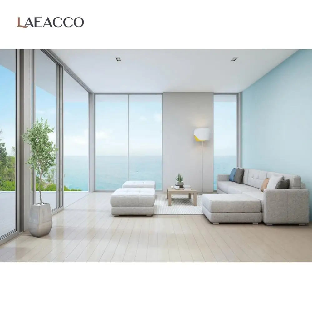 

Laeacco Gray House Interior Scene Photography Backdrop Sofa Window Plants Tree Sea Baby Portrait Photo Background Photo Studio