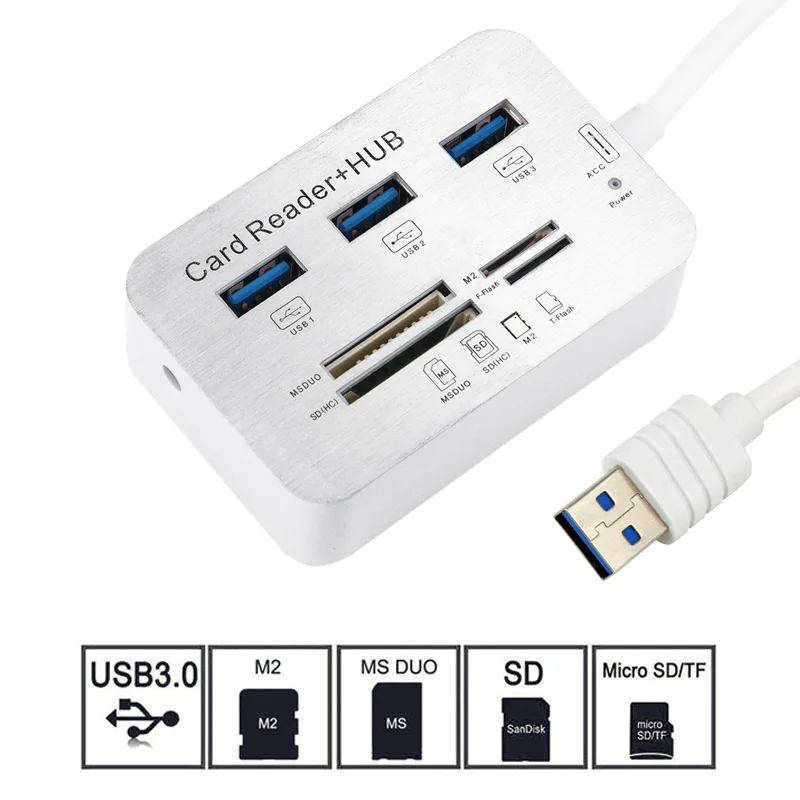 Многофункциональный SD/MMC Micro SD MS/PRO/Сера DUO M2/Флеш-карты памяти TF картридер USB концентратор с верхом, комбо, высокий обзор Скорость 3 Порты и разъёмы USB 3,0 считыватель карт OTG концентратор