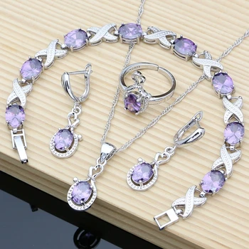 

Purple Amethyst Birthstone Silver 925 Jewelry Sets for Women Fashion Long Earrings Bracelet Open Ring Necklace Sets Gift for Her