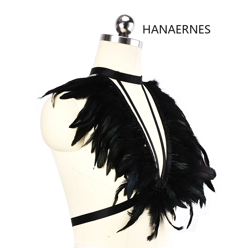 HANAERNES Black feather epaulette bra restrained shoulders holiday prom wearing steampunk goth body suspenders underwear