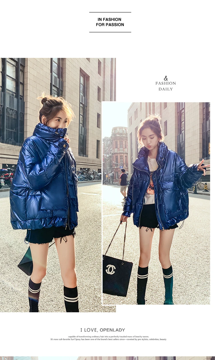 Zipper Reflective Winter Coat Women Glossy Pocket Loose Female Jackets Streetwear Parka Jacket Casacas Para Mujer Korean Outwear