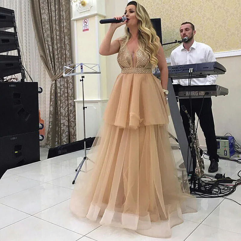 

Eightale Arabic Evening Dresses V-Neck Champagne Tulle Tiered Prom Gowns A-Line Custom Made Formal Party Dress