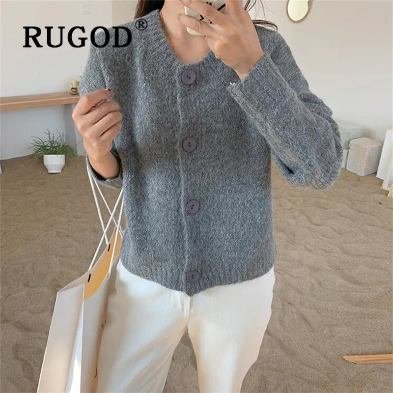 RUGOD корейский стиль Шикарный однотонный кардиган с круглым вырезом свободный свитер Simplee Зимние Топы для женщин Мода