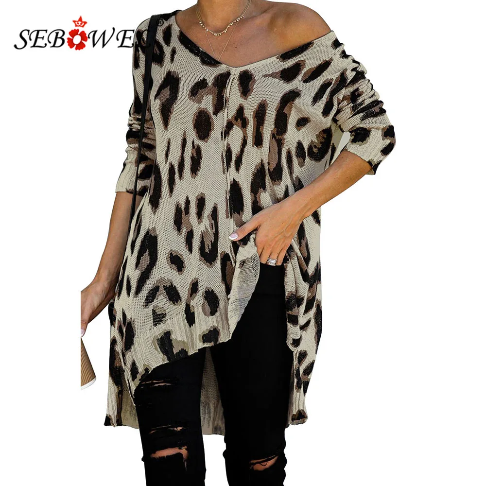 

SEBOWEL Autumn Winter Women's Oversized V Neck Leopard Knit Tunic Sweater with Slits Casual Long Sleeve Loose Style Pullover Top