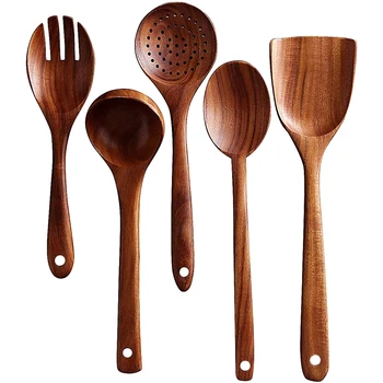 

Wooden Utensils Set for Kitchen, Handmade Natural Teak Cooking Spoons Wooden Spatula for Nonstick Cookware (5 Sets)