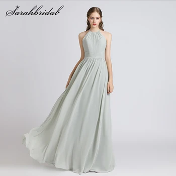

2021 Hot Selling Sage A line Halter Bridesmaids Dresses Fold Floor Length Chiffon Wedding Prom Fomal Maid of Honor Gown 5643