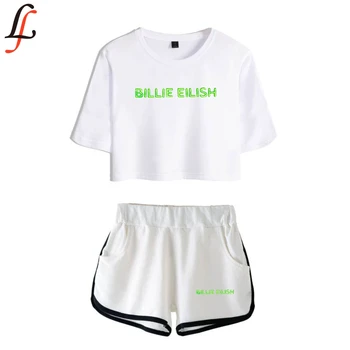 

Billie Eilish Harajuku Modis Women Billie Eilish Sexy Two Piece Set short Sleeve short Top And middle Waist Shorts Suits Fitness