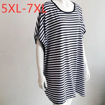 

New Korea summer ladies plus size tops for women large batwing sleeve loose elastic black stripe O neck long T-shirt 5XL 6XL 7XL