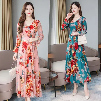 

Free Shipping Bohemian Style S-3XL 2020 Spring New Arrival Collect Waist Flare Sleeve Flower Printed Woman Chiffon Long Dress