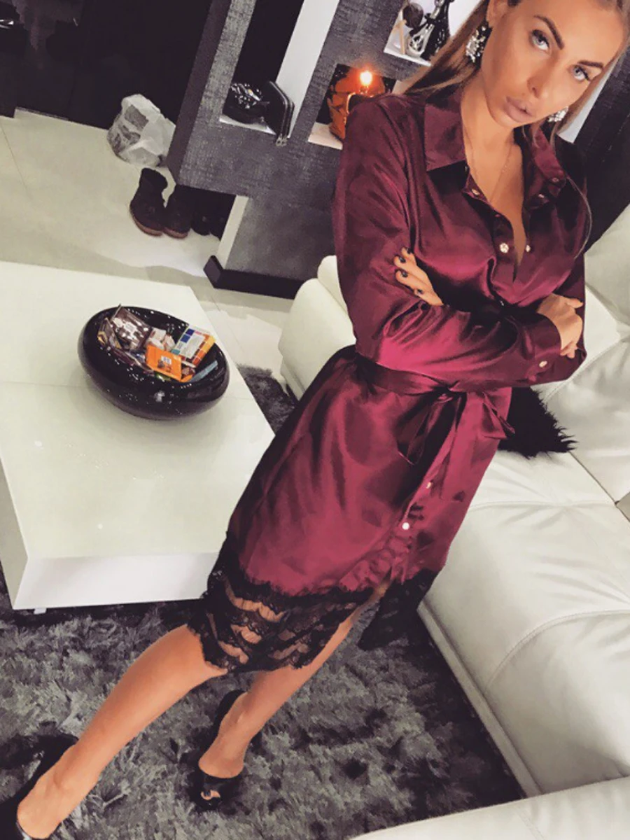 New Fashion Women Sleep Tops Autumn Winter Full Sleeve Length Solid Pattern Type Turn-down Collar Lace Decoration