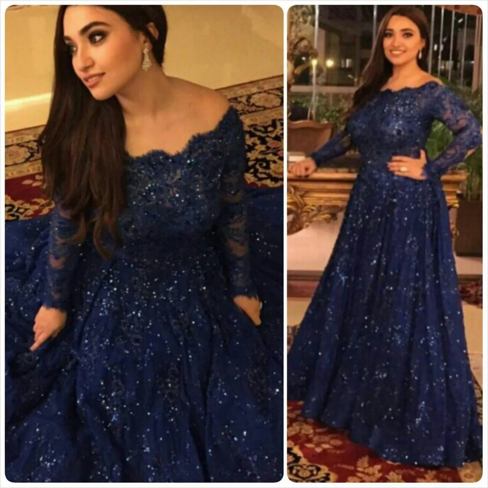 

Dubai Evening Gowns Chapel Train Off Shoulder Long Sleeve Royal Blue Lace Evening Dresses 2019 robe de soiree vestido de noiva