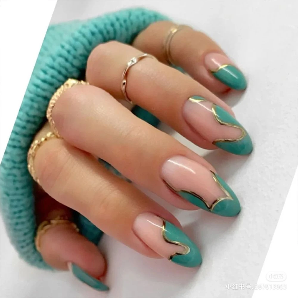 24pcs Mint Green Gold Thread Wave Stitching Almond False Nails Detachable Coffin Fake Nails Full Cover Nail Tips Press On Nails False Nails Aliexpress