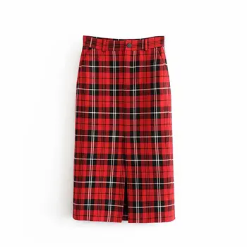 

Women Stylish Red Plaid Midi Skirt Pockets Zipper Fly Straight Style Checkered Female Casual Mid Calf Skirts