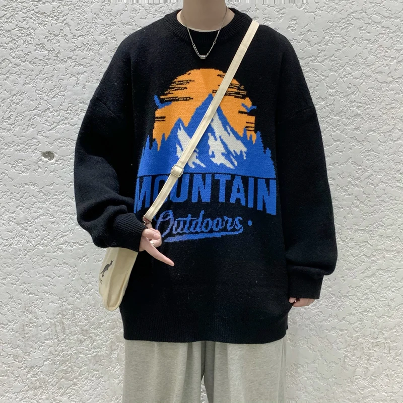 

2021 men's autumn new flocking letters student campus round neck pullover sweater Hong Kong style map