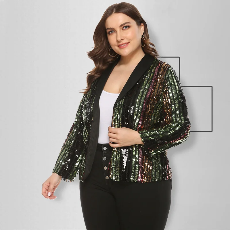 Зимняя женская куртка размера плюс XL-5XL, с длинным рукавом, с блестками, цветное Полосатое пальто, уличная одежда, женские элегантные куртки, пальто