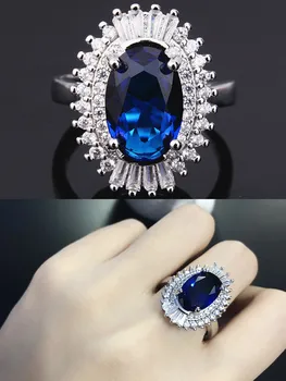 

Luxury big blue crystal sapphire gemstones diamonds rings for women white gold silver color jewelry bijoux precious bague gifts