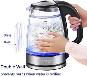 Electric Water Kettle Glass Double Wall Cordless with Blue LED Light, 1.7L Tea Kettle, Fast Water Boiler, Automatic Shutof fully automatic tea making black steam electric kettle glass machine