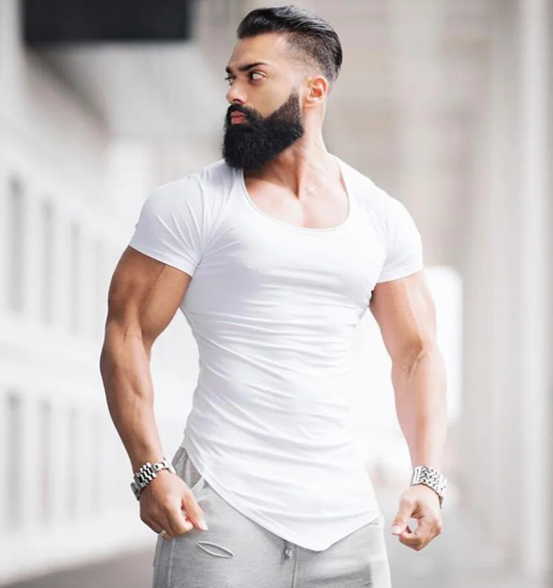 Пустой хлопок Бодибилдинг Футболка мужская летняя одежда фитнес Slim Fit