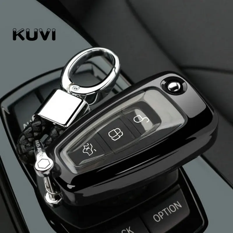 Чехол для ключей для Ford Ranger C-Max S-Max Focus Galaxy Mondeo Transit Tourneo Custom Focus 3 MK3 Focus 4 ключ Fob Case - Название цвета: black with keychain