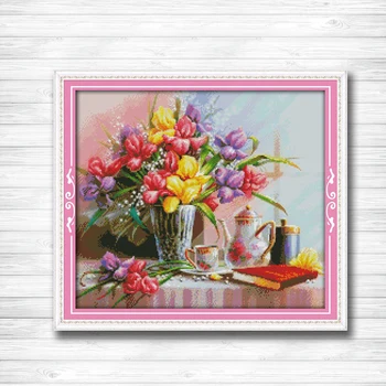 

Beautiful flowers table vase 11CT patterns printed on canvas 14CT needlework diy dmc cross stitch chinese Sets Embroidery kits