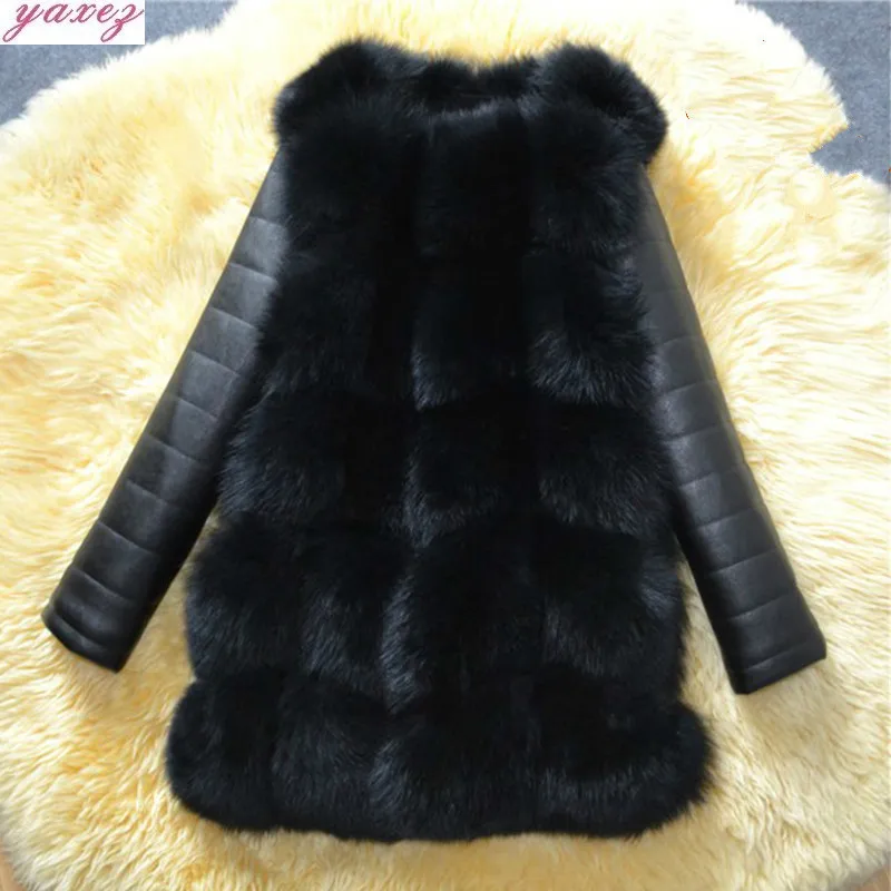 

2019 Winter New Arrival Warm Women Faux Fox Fur Coat With Pu Sleeve High Imitation Fox Fur Jacket Black Fur Outerwear
