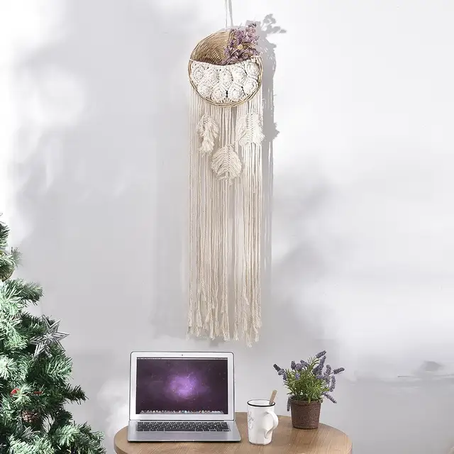 Csipke Makrame Fal Függő Szövött Virág Edény Rattan Bohém Stílusú Dekoratív Kertészeti Kosár Növény Fogas - Image 2