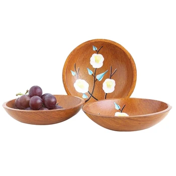 

3Pcs Antique Round Wood Serving Bowl Plate Tray for Fruits Salads Dinner Snacks Plate