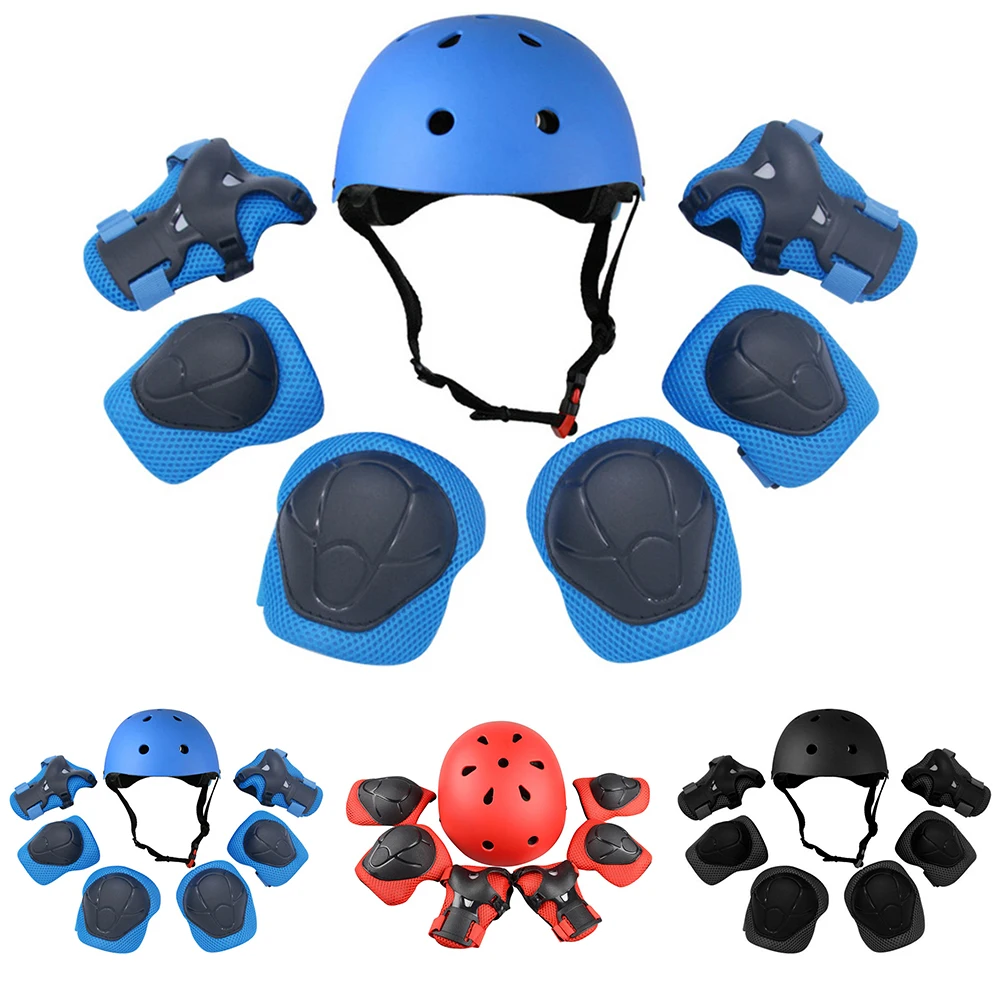 7Pcs Non-Slip Roller Skating Pads Adjustable Bike Helmet Outdoor Knee Elbow Wrist Sports Kids Sponge Protective Gear Set Guard