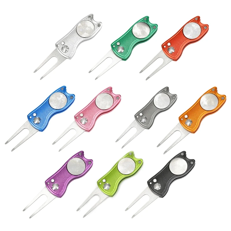 Stainless Steel Folding Golf Divot Repair Fork with Magnetic Button Pitch Groove Remover Cleaner Pitchfork Switchblade Tool | Спорт и