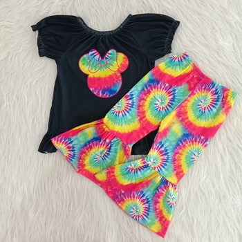 

kid summer outfit baby girl children boutique clothing off shoulder cartoon mouse t shirt top tie-dye bell bottom outfit clothes