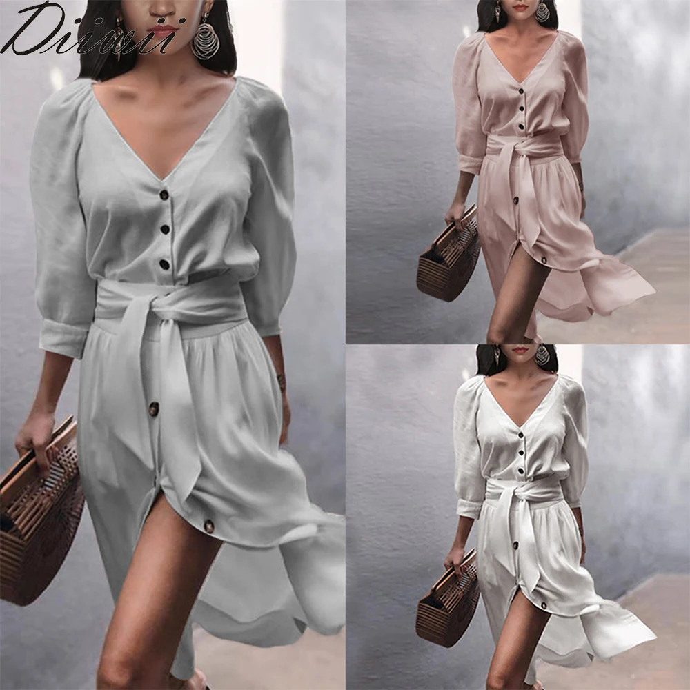 

DiiWii New Womens Long Sleeved V Neck Button Down Sexy Plus Size Dress Solid Color