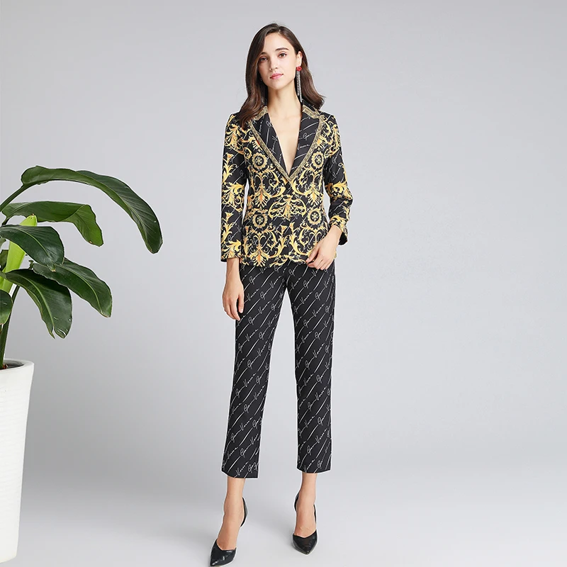 

Xiaomoli temperament fashionable air suit collar trim jacket straight trousers printing set 2019 fall new
