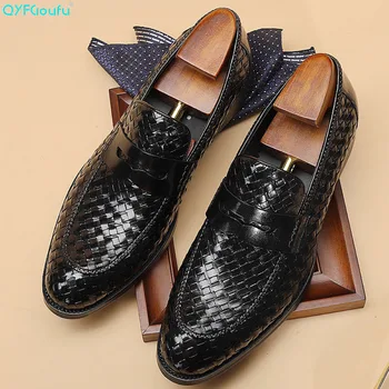 

QYFCIOUFU Newest Fashion Pointed Toe Mens Formal Shoes Genuine Leather Lace-up Mens Dress Shoes Weaving Men Wedding Shoes