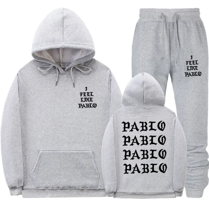 Уличная одежда I Feel Like Pablo, комплект с капюшоном, спортивный костюм для мужчин, комплекты тепловой спортивной одежды, толстовки и штаны, Повседневная Толстовка, спортивный костюм - Цвет: Gray MK114