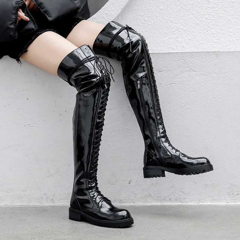 MORAZORA genuine leather shoes women thigh high boots lace up zip low heels platform shoes woman Motorcycle boots black