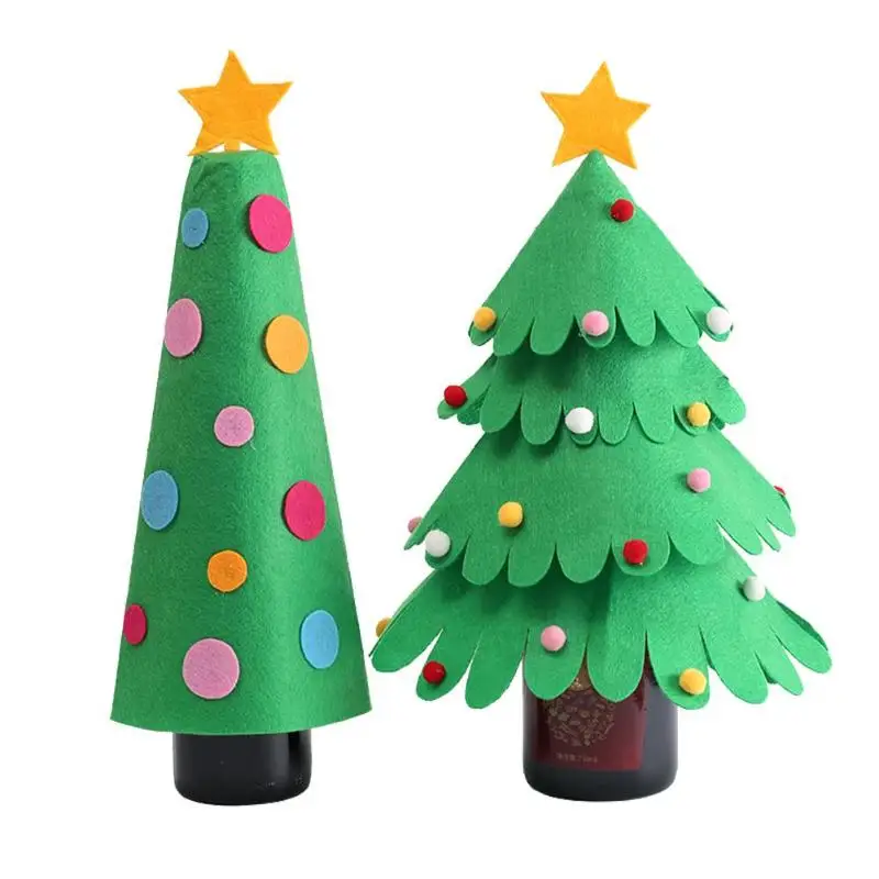 

Christmas Tree Shape Wine Bottle Cover with Pom Poms Non-woven Dust Covers Photographic Props for Christmas Decorations