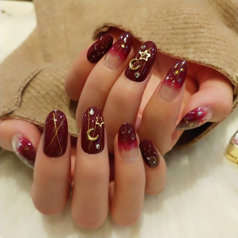 24pcs Gradient Starry Sky Fake Nails Short Round Head Diamond False Nails Removable Artificial Fake Nail art SQ62