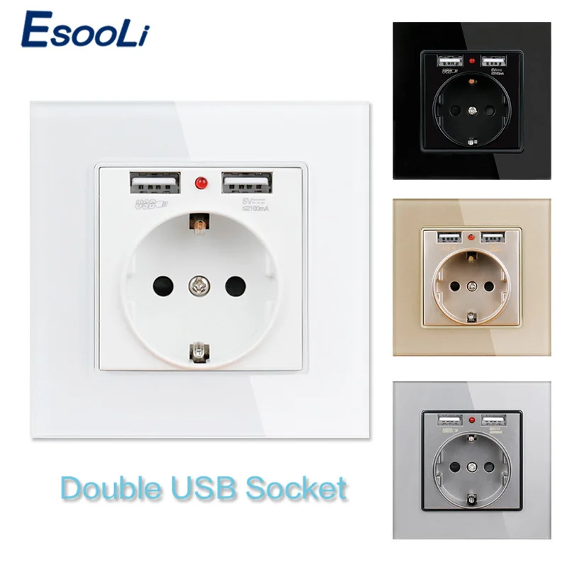 

Esooli White Crystal Glass Panel Dual USB Charging Port 2.1A 16A Russia Spain USB Wall Socket EU Power Outlet