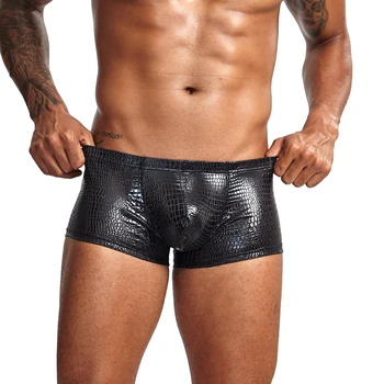 

New Sexy Boxer Mens Snake Skin Leather Underwear Men Shorts Men U Convex Low Waist Male Underpants Ropa Interior Hombre