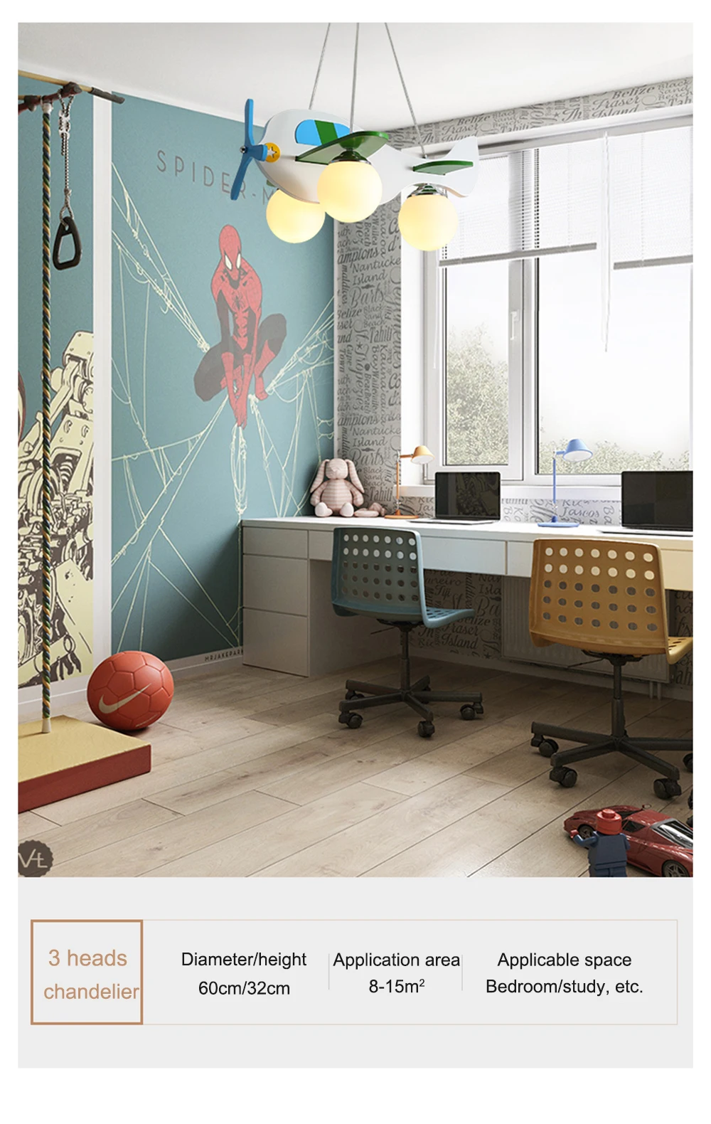 Aeronaves de Madeira Sótão dos Desenhos Proteção para os Olhos Lustre Moderno Nordic Criativo Branco 3 Cabeça Quarto Animados Decorativos Luzes E27 3 e27 branco 3 cabeça quarto sótão dos