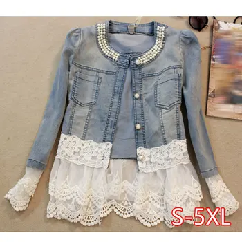 

Women's Denim Jacket Lace Patchwork Pearl Slim Long-Sleeve Denim Jacket Lady Vintage Coat Plus Size 5XL Women Outerwear