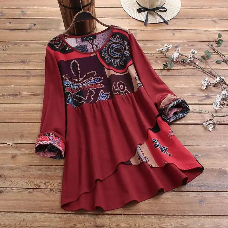 Blusas Топ ZANZEA Весенняя хлопковая блуза Винтаж с цветочным принтом в стиле пэчворк Рубашки Для женщин туника с длинными рукавами Топы, Женская сорочка