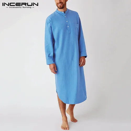INCERUN-면소재 남성 수면 가운, 단색 긴 소매 나이트 가운, O 넥 레저 남성 목욕 가운, 편안한 홈웨어, 플러스 사이즈, 2023 2