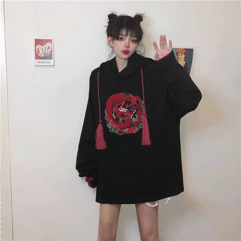  NiceMix Harajuku Vintage Dragon Embroidery Hoodies Loose Warm Fleece Autumn Winter Hooded Sweatshir