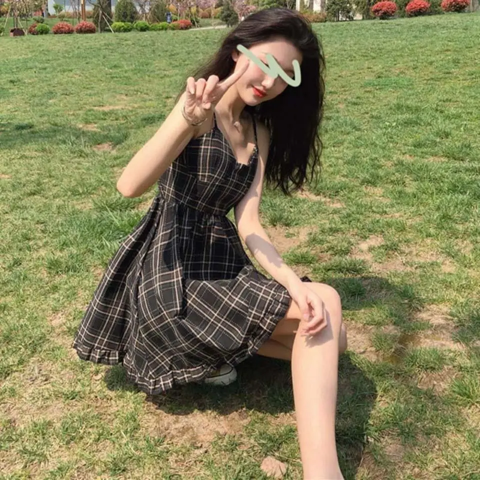 Sleeveless Dresses Women  A-LINE Mini Ladies Plaid Soft Fashion Preppy Clothing Slim Fit Streetwear Ulzzang All-match Elegant party dresses Dresses